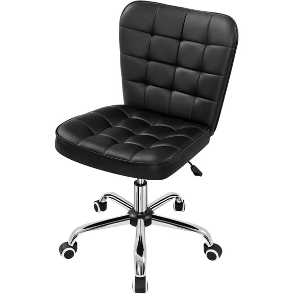 Armless Desk Office Chair, Tufted Faux Leather Computer Chair w/ Adjustable Height & Rolling Swivel Casters, Mid-Century Modern Task Chair for Home Office, Small Study, or Reception, Black