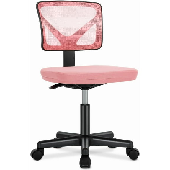 Armless Desk Wheels Cute Home Office Arms, Ergonomic Adjustable Swivel Rolling Task, Comfy Mesh Mid Back Computer Work Vanity Chair for Small Spaces, Pink