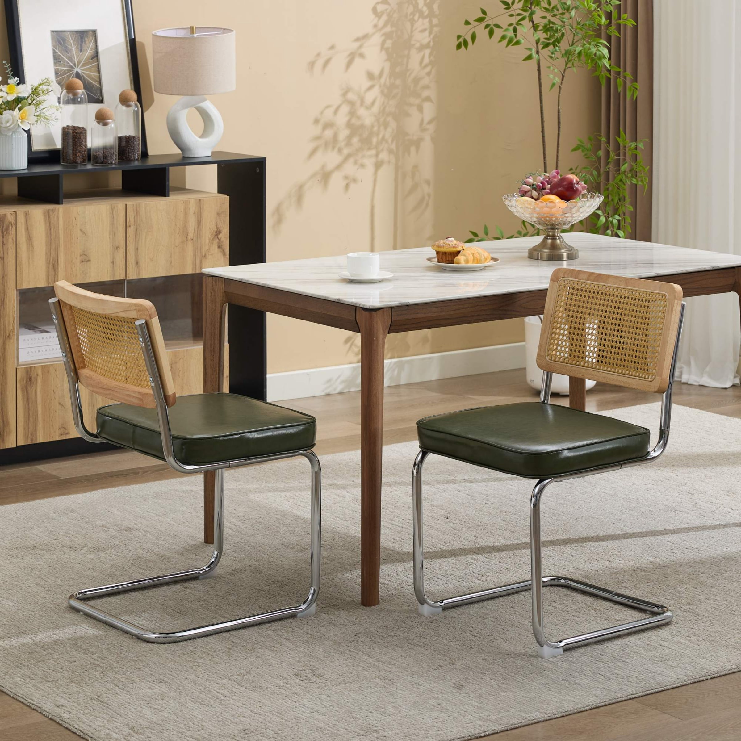 Armless Dining Chairs Set of 2, Mid‑Century Modern Kitchen Chair with Faux Leather Upholstered Seat, Cantilever Accent Chair