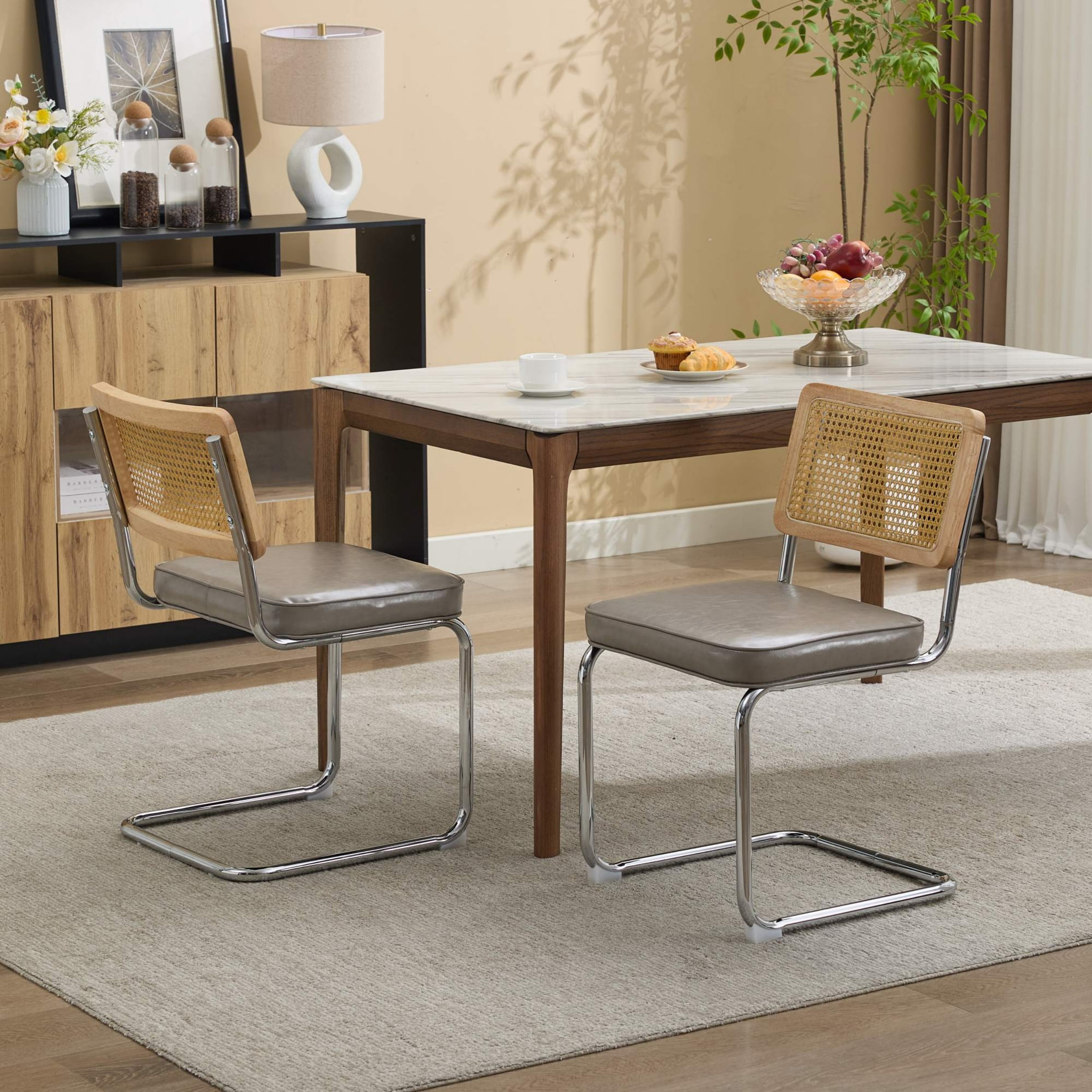 Armless Dining Chairs Set of 2, Mid‑Century Modern Kitchen Chair with Faux Leather Upholstered Seat, Cantilever Accent Chair