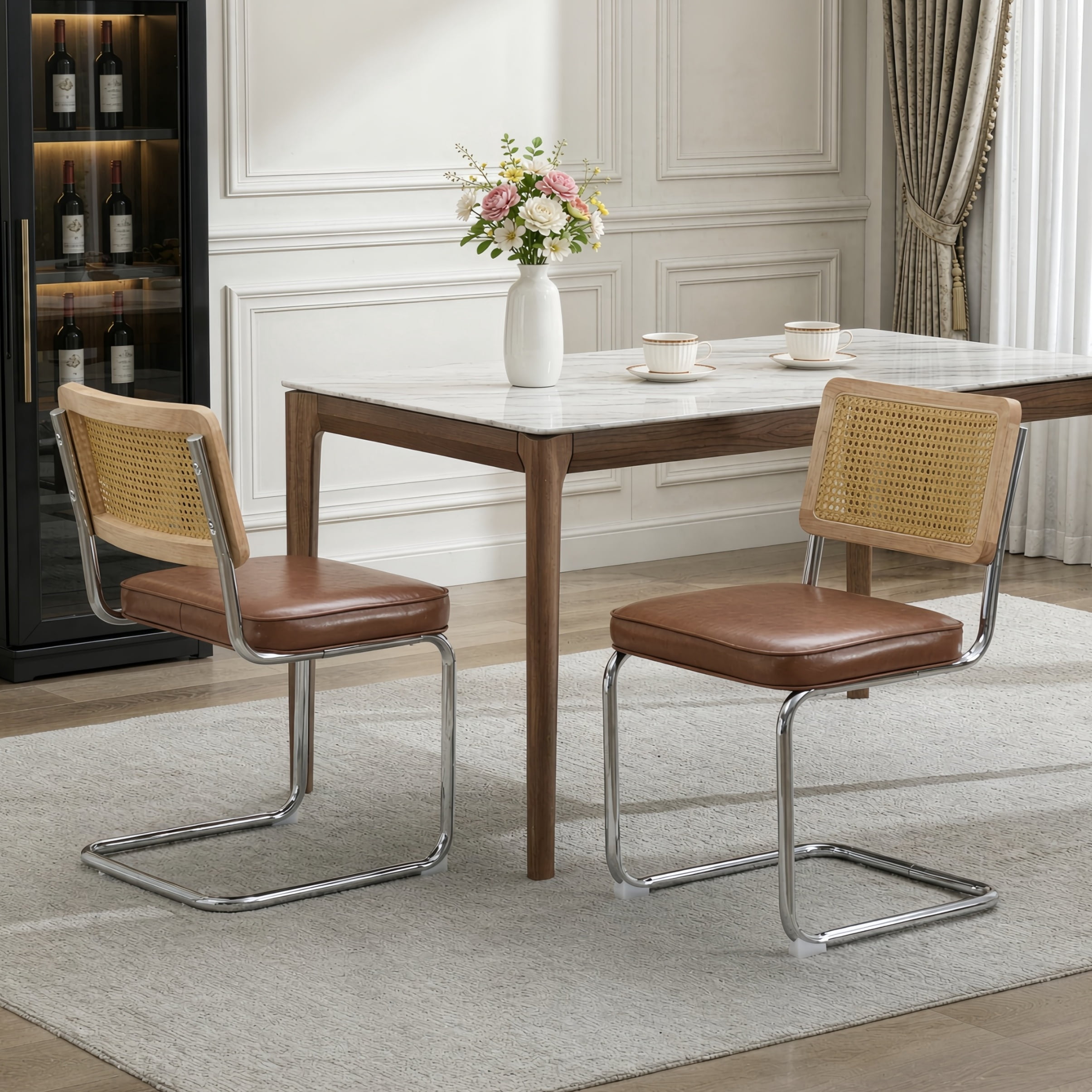 Armless Dining Chairs Set of 2, Mid‑Century Modern Kitchen Chair with Faux Leather Upholstered Seat, Cantilever Accent Chair