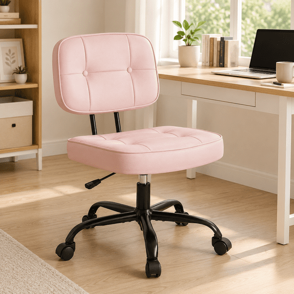 Armless Drafting Chair, Ergonomic PU Leather, Adjustable Height, Lumbar Support, Swivel Rolling, Small Space Office Chair, Pink