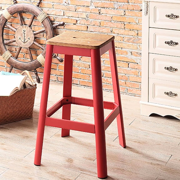 Armless Farmhouse Stool | Bedroom Use with Rustic Style | Pine Wood and Red Metal Legs | Stable and Mobile Design
