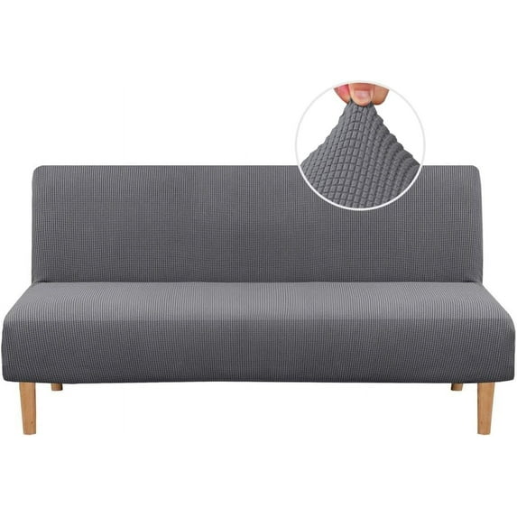Armless Futon Cover Stretch Sofa Bed Slipcover Protector Elastic Feature Rich Textured High Spandex Small Checks Jacquard Fabric Futon Cover, Machine Washable, Grey