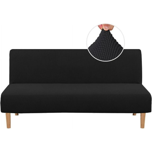 Armless Futon Cover Stretch Sofa Bed Slipcover Protector Elastic Feature Rich Textured High Spandex Small Checks Jacquard Fabric Futon Cover, Machine Washable, Black