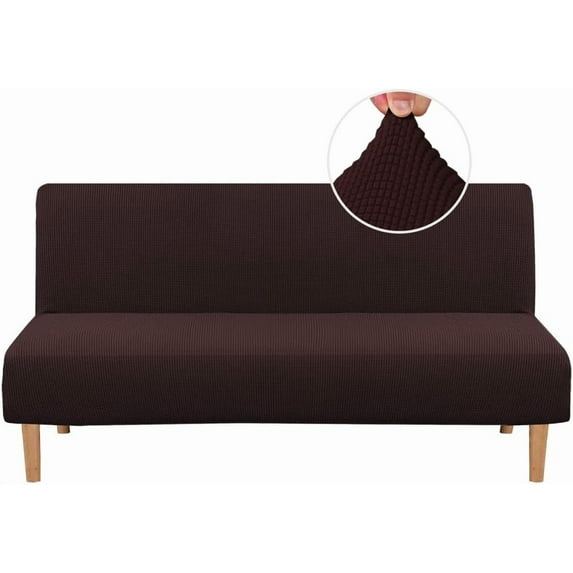 Armless Futon Cover Stretch Sofa Bed Slipcover Protector Elastic Feature Rich Textured High Spandex Small Checks Jacquard Fabric Futon Cover, Machine Washable, Chocolate