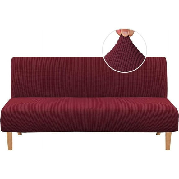 Armless Futon Cover Stretch Sofa Bed Slipcover Protector Elastic Feature Rich Textured High Spandex Small Checks Jacquard Fabric Futon Cover, Machine Washable, Burgundy