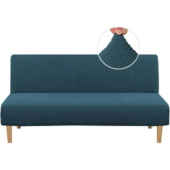 Armless Futon Cover Stretch Sofa Bed Slipcover Protector Elastic Feature Rich Textured High Spandex Small Checks Jacquard Fabric Futon Cover, Machine Washable, Navy Blue