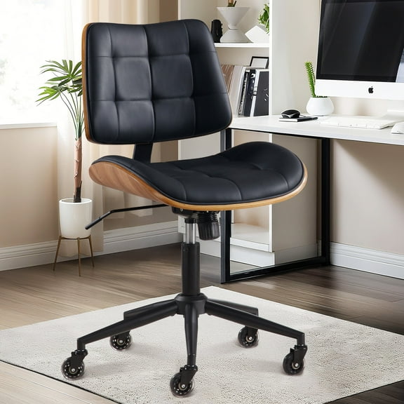 Armless Home Office Chair, Walnut Desk Chair with Wheels & Adjustable Height, 360° Swivel Task Chair for Office, Reading Room, Black