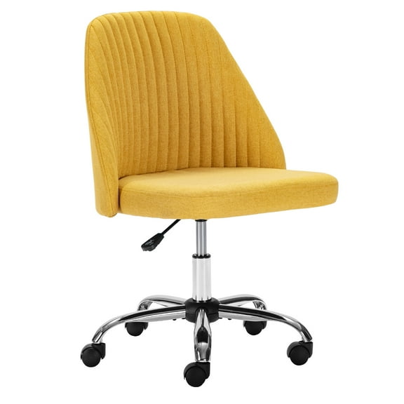Armless Home Office Desk Chair, Adjustable Swivel Fabric Task Chair with Wheels, Modern Computer Vanity Chair for Small Spaces, Yellow