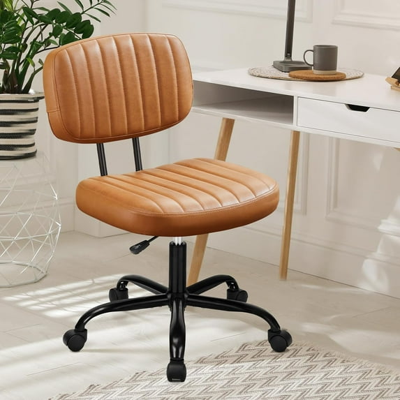 Armless Home Office Desk Chair -Small Ergonomic with Low Back Lumbar Support, Height Adjustable PU Leather Computer Task with 360° Swivel Rolling Wheels, for Small Space