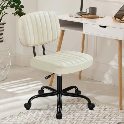 Armless Home Office Desk Chair -Small Ergonomic with Low Back Lumbar Support, Height Adjustable PU Leather Computer Task with 360° Swivel Rolling Wheels, for Small Space, Beige White