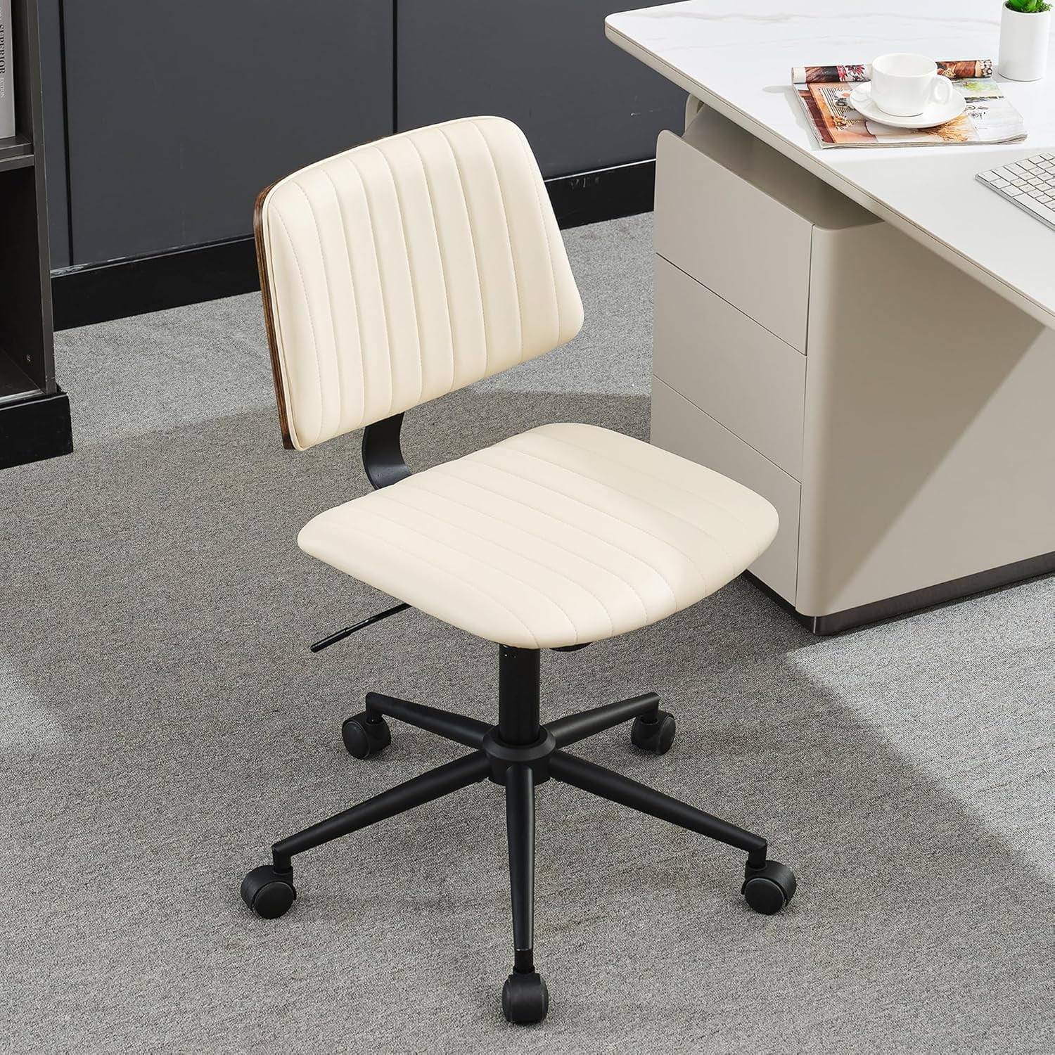 Armless Home Office Desk Chair with Wheels Modern Walnut Small Desk