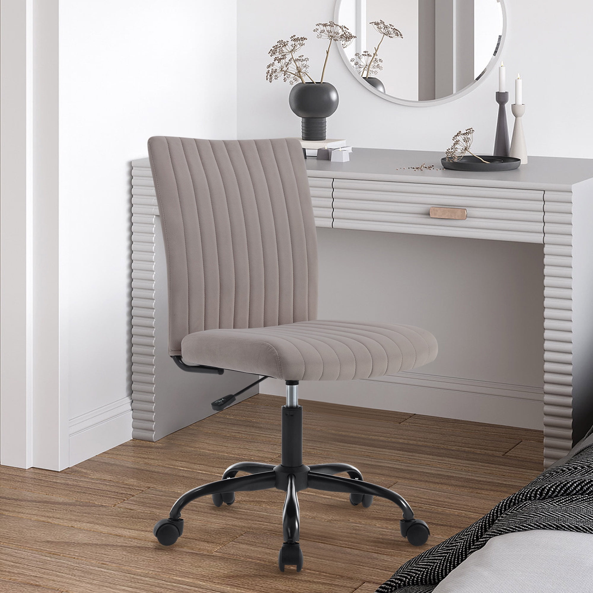 Armless Home Office Desk Chairs with Wheels, Modern Velvet Vanity