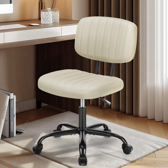 Armless Home Office Executive Chair - Small Desk Chair with Low Back Lumbar Support, Height Adjustable  Leather Computer Task Chair with 360° Swivel Wheels, for Adults, Brown