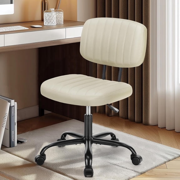 Armless Home Office Executive Chair - Small Desk with Low Back Lumbar Support, Height Adjustable PU Leather Computer Task 360° Swivel Wheels, for Adults, Beige
