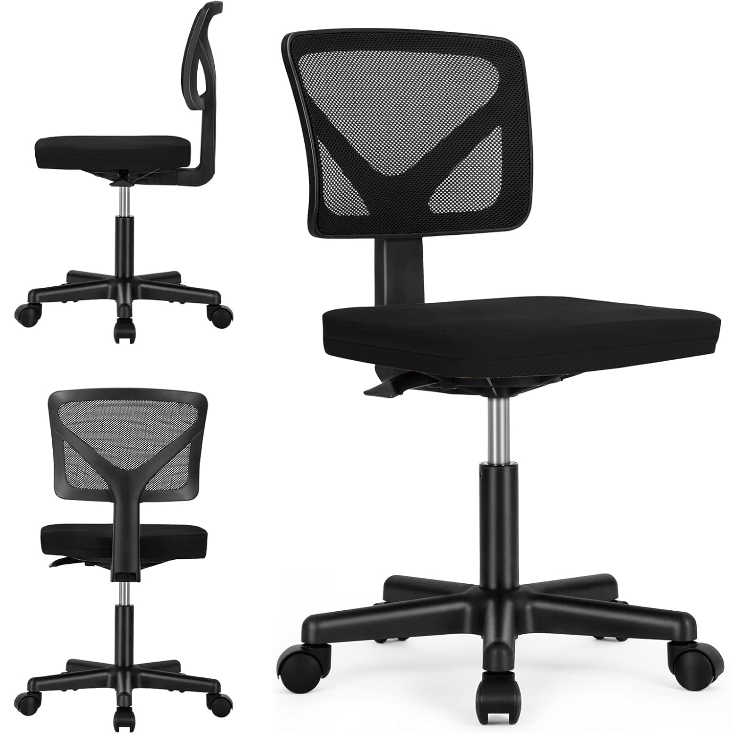 Armless Mesh Office Chair, Ergonomic Low-Back Swivel Desk Chair with Wheels and Lumbar Support, Height Adjustable, Black