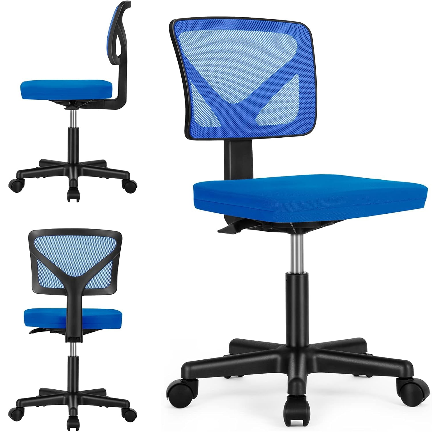 Armless Mesh Office Chair, Ergonomic Low-Back Swivel Desk Chair with Wheels and Lumbar Support, Height Adjustable, Blue