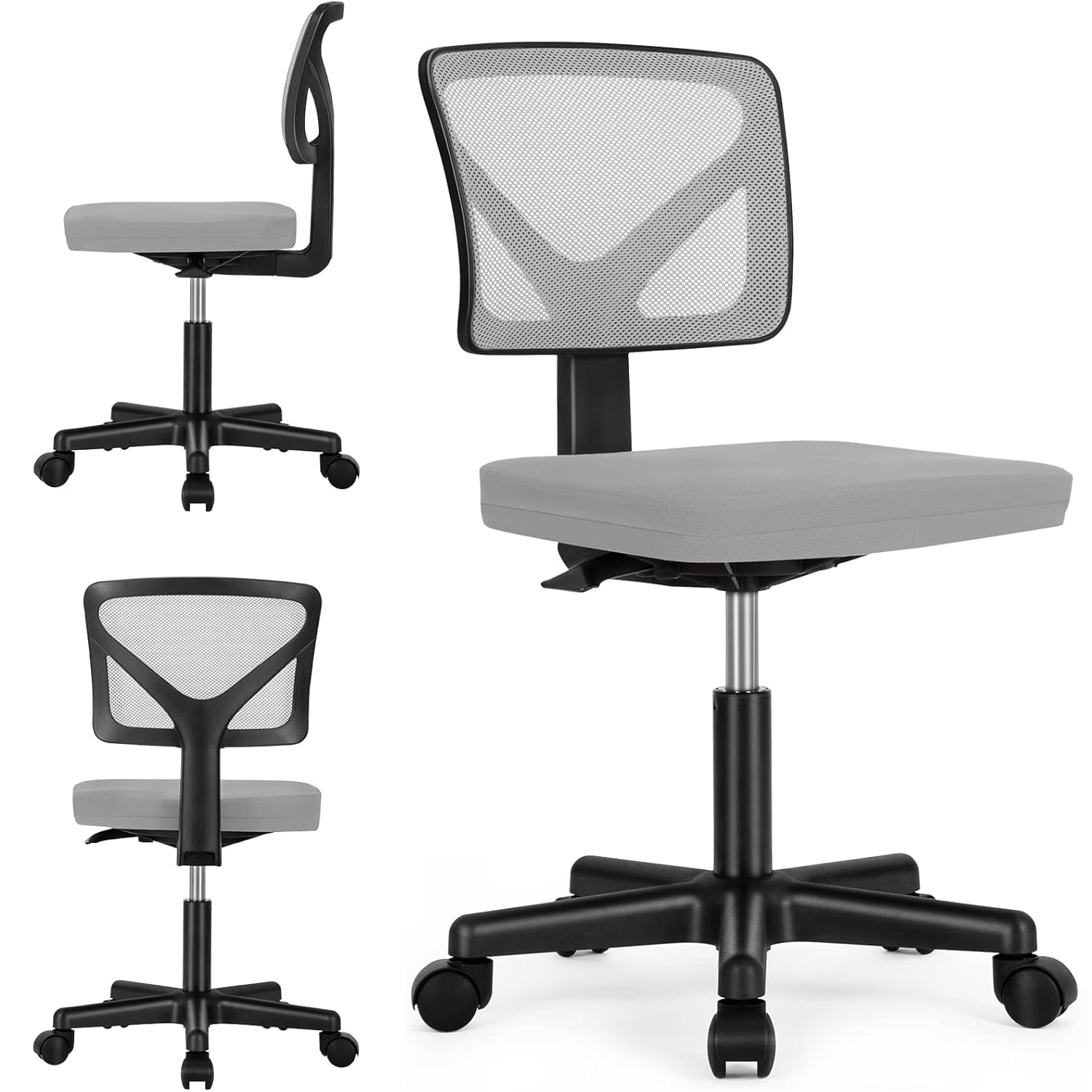 Armless Mesh Office Chair, Ergonomic Low-Back Swivel Desk Chair with Wheels and Lumbar Support, Height Adjustable, Gray