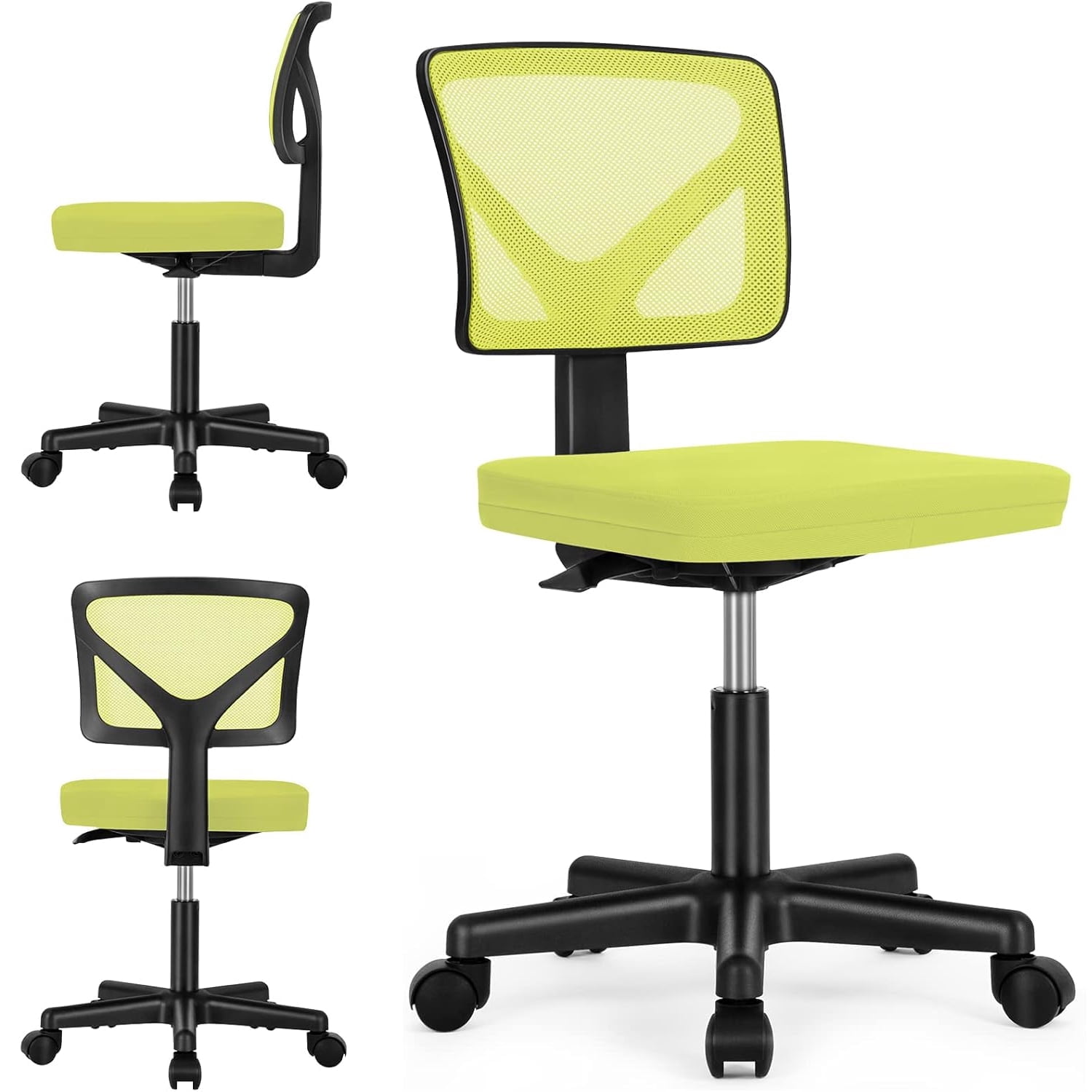 Armless Mesh Office Chair, Ergonomic Low-Back Swivel Desk Chair with Wheels and Lumbar Support, Height Adjustable, Green