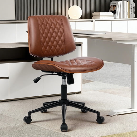 Armless Mid-Back Home Office Desk Chair with Wheels - Height Adjustable 360° Swivel - Diamond-Sewing PU Leather - Walnut Style Wood Back, 300 lb Capacity - Brown (Diamond Design | PU | Brown)