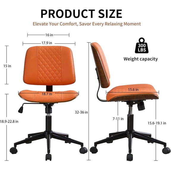 Armless Mid Back Office Chair - Orange PU Upholstered Ergonomic Swivel Computer Desk Chair with Height Adjustment for Home Study Meeting Room