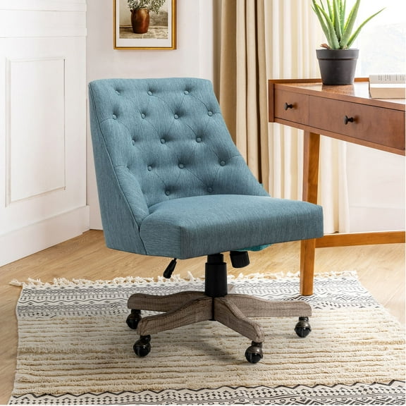 Armless Office Chair Adjustable Upholstered Swivel Task Vanity Chair Tall Tuft, Blue