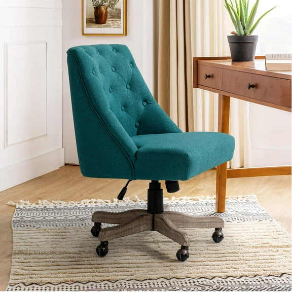 Armless Office Chair Adjustable Upholstered Swivel Task Vanity Chair Tuft Back Wood Legs Bedroom Teal