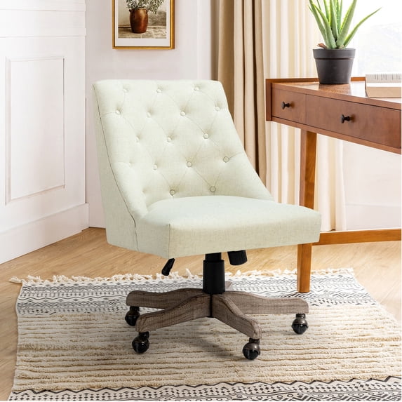 Armless Office Chair Adjustable Upholstered Swivel Task Vanity Chair with Wheels, Ivory
