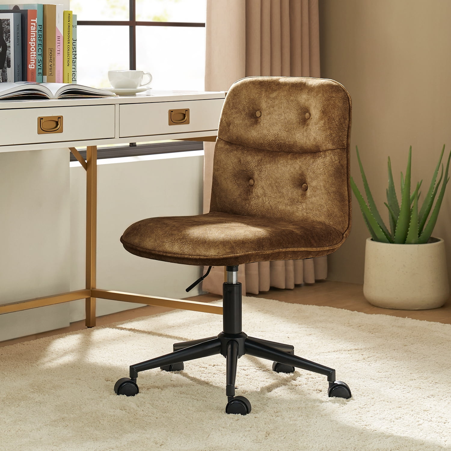 Brown Faux Linen Armless Swivel Task Chair with Metal Base