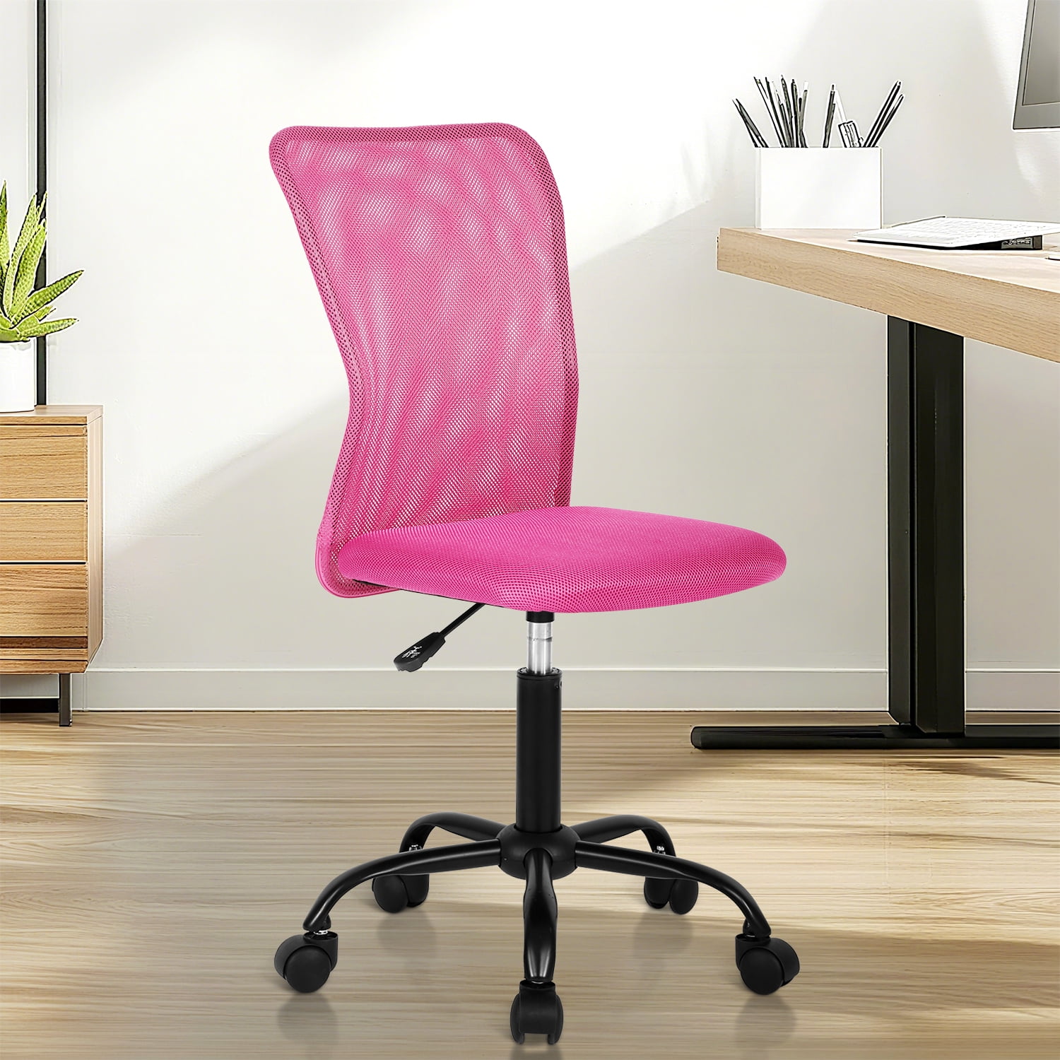 Armless Office Chair Ergonomic Desk Chair Computer Chair Mesh Home Desk Chair with Adjustable Lumbar, Rolling Swivel Office Chair Mid-Back Task Chair for Adults (Pink)