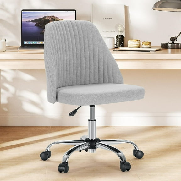 Armless Office Chair, Height Adjustable Swivel Desk Chair with Wheels, Modern Upholstered Task Seat for Home Office, Bedroom, Study and Makeup Vanity, Gray