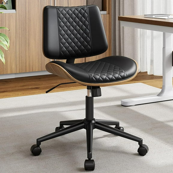 Armless Office Chair, Mid Century Modern Desk Chair with Walnut Wood Back & SGS Level 3 Gas Lift, Swivel PU Leather Computer Chair for Small Space, Home Office, Bedroom, 300lbs Cap, Black
