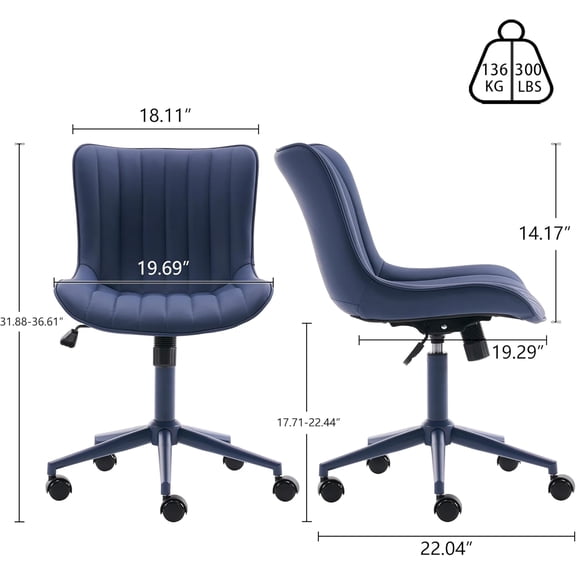 Armless Office Chair Navy Blue with Wheels Ergonomic Swivel Task Chair for Home Desk
