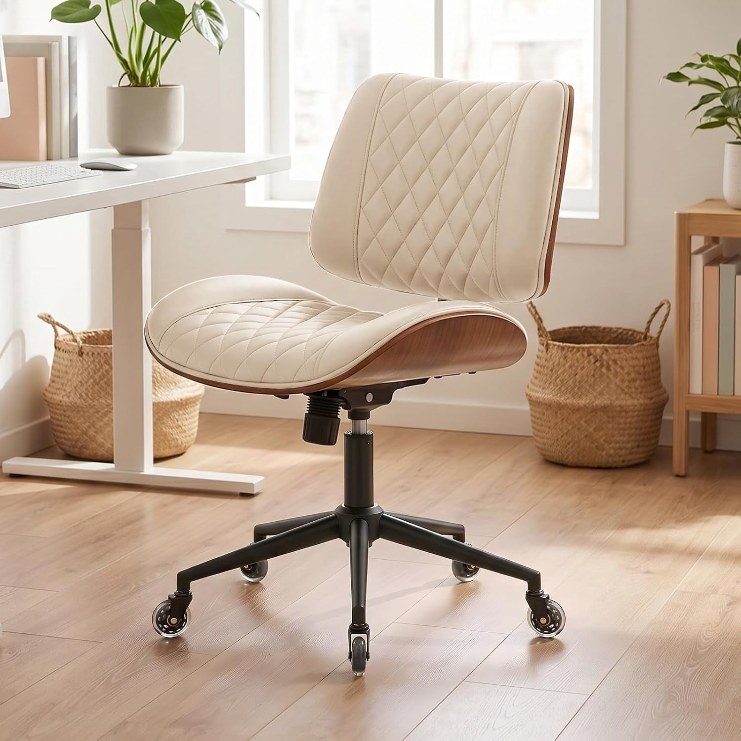 Armless Office Chair with Silent Rubber Wheels, Mid Century Modern
