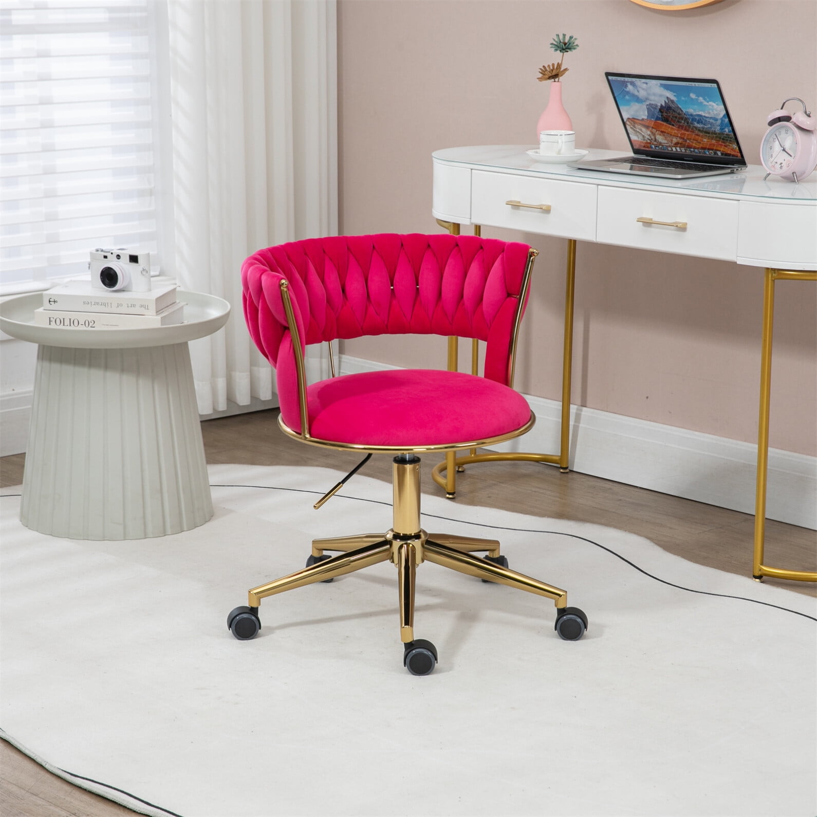 Armless Office Chair with Wheels Ergonomic Office Chair in Velvet Home Office Desk Chairs with Woven Back and Metal Base Adjustable Computer Task Vanity Chair for Living Room Small Space Red