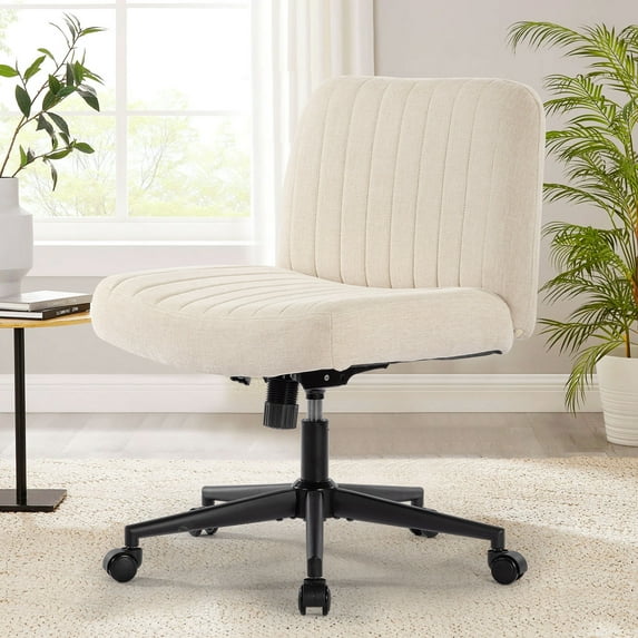 Armless Office Chair with Wheels, Linen Wide Seat Home Office Chair, Cute Computer Chair with 15 ° Swing Backrest, Suitable for Bedrooms and Dressing Tables