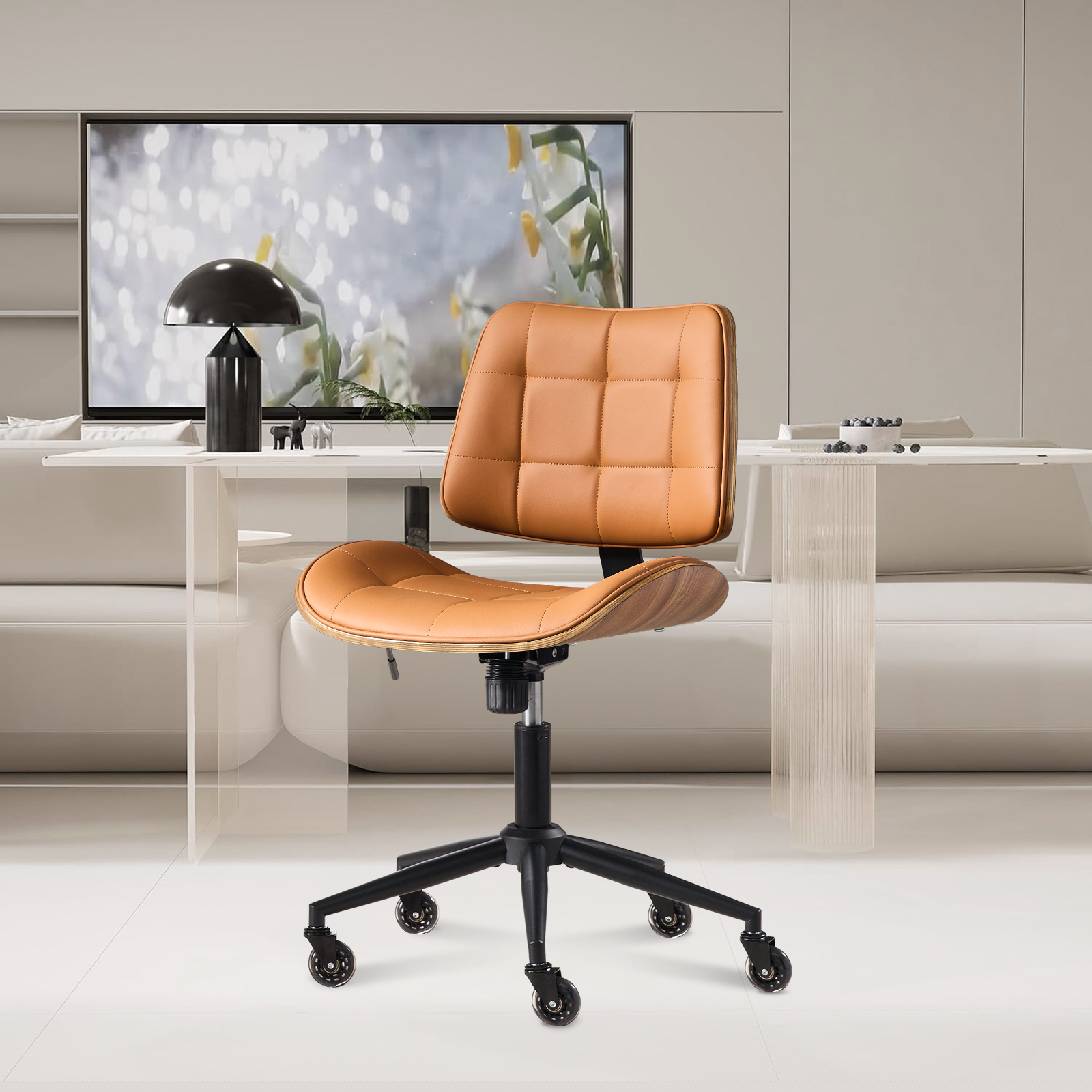 thumbnail image 1 of Armless Office Chair with Wheels, Modern PU Leather Desk Chair with Adjustable Height and 360° Swivel, Walnut Mid-Back Computer Task Chairs for Home, Office, Reading Meeting Room, Brown, 1 of 6
