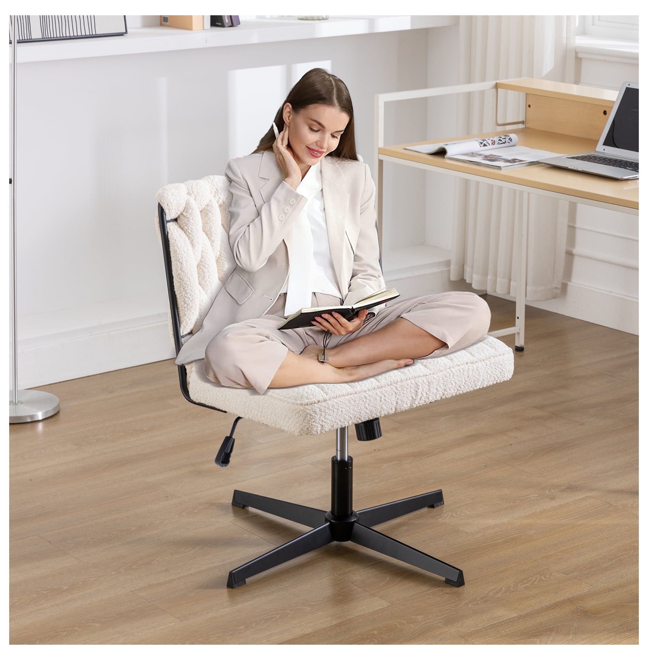 Popxstar Cross Legged Office Living Room Rocking Gaming Chair Armless Wide Desk Adjustable Swivel Fabric Task Vanity Home Office main image 1