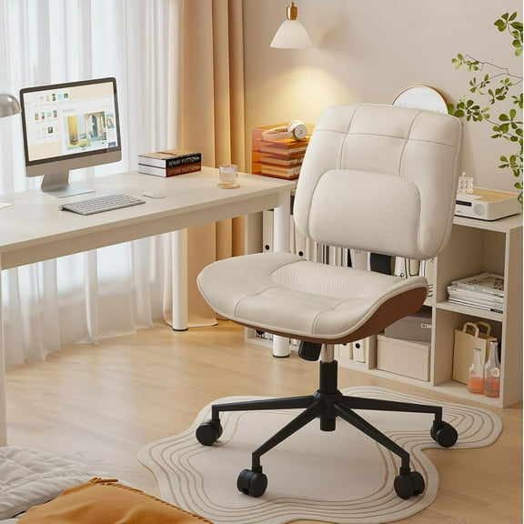 Armless Office Chairs, Criss Cross Chair with Wheels, 360° Swivel Vanity Chair, Adjustable Height Cute Comfy Desk for Vanity, Home Office, Bedroom, Beige