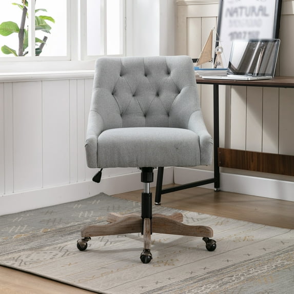 Armless Office Desk Chair, Home Office Chair, Adjustable Height Swivel Chair with Wheels and Wood Base, Upholstered Desk Chair, Ergonomic Swivel Computer Task Chair for Home Office