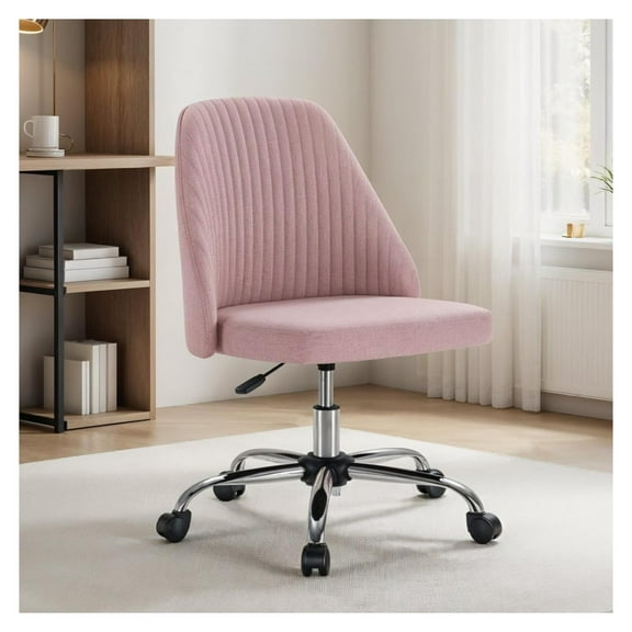 Armless Office Desk Chair, Modern Cute Swivel Vanity Chair Comfy Home Office Chairs with Wheels Height Adjustable Rolling Computer Task Stools for Living Room, Make-up, Bedroom, Pink