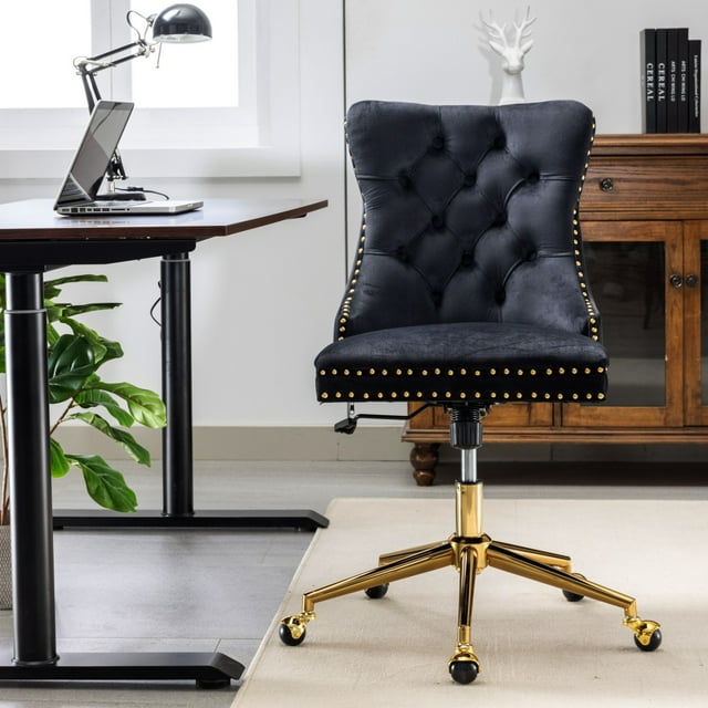 Velvet Swivel Office Desk Chair with Rolling Gold Task, Button Tufted ...