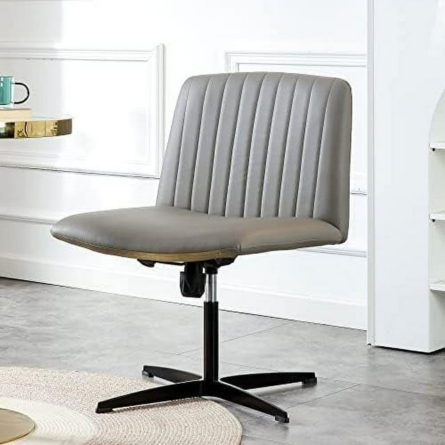 Armless Office Desk Chair No Wheels PU Adjustable Swivel Criss Cross