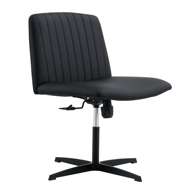 Armless Office Desk Chair No Wheels, PU Leather Cross Legged Chair with 360° Swivel, Height