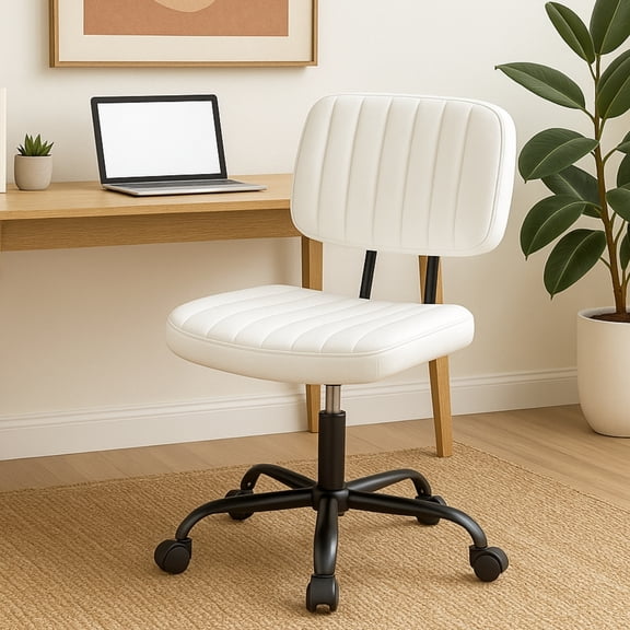 Armless Office Desk Chair, PU Leather Ergonomic Task Chair with Low Back Lumbar Support, Height Adjustable Swivel Computer Chair for Home Office, White