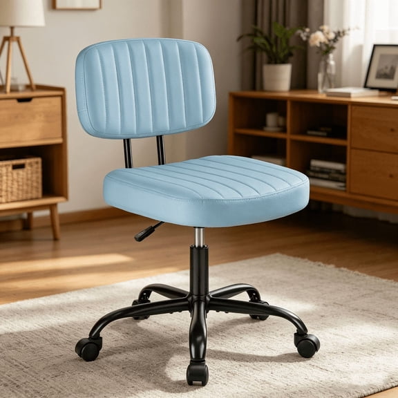 Armless Office Desk Chair with Wheels, Adjustable Height 360° Rolling Swivel Lumbar Support Low-Back Computer Chair, PU Leather, Blue