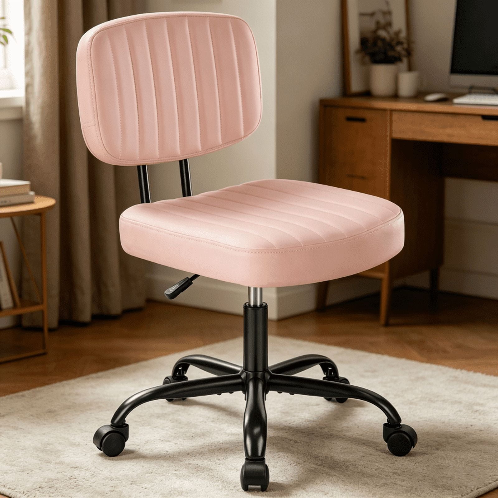 Armless Office Desk Chair with Wheels, Adjustable Height 360° Rolling Swivel Lumbar Support Low-Back Computer Chair, PU Leather, Pink