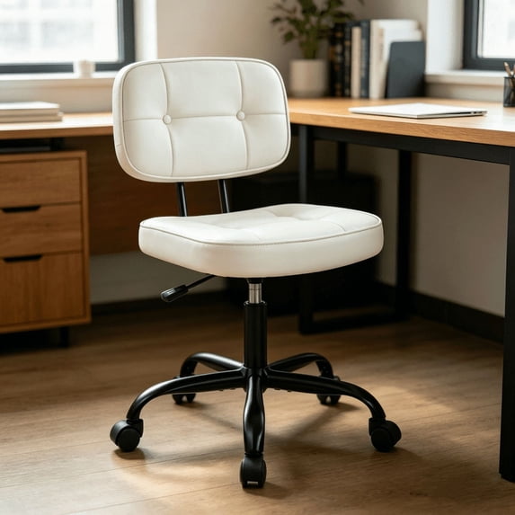 Armless Office Desk Chair with Wheels, Adjustable Height 360° Rolling Swivel Lumbar Support Low-Back Computer Chair, thickened PU Leather, Beige