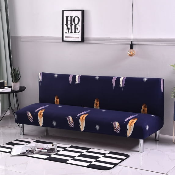 Armless Sofa Bed Cover Stretch Spandex Sofa Bed Slipcover Folding Couch Sofa Futon Cover Without Armrests Furniture Protector for Living Room Pets (Floral,Blue)